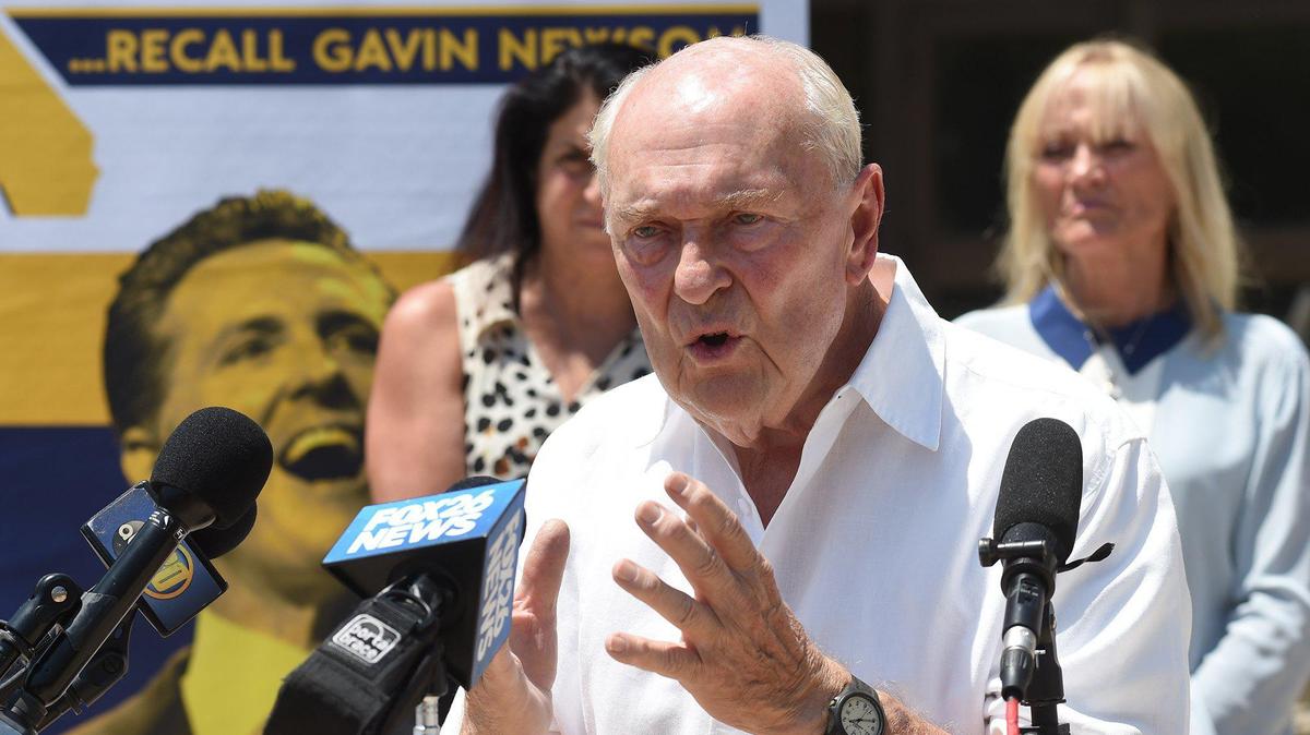 Mike Reynolds, whose daughter Kimber Reynolds was murdered in 1992, prompting him to create a ballot initiative for the “Three Strikes and You’re Out” sentencing law, speaks during the Rescue California – To Support the Recall of Gavin Newsom news conference, July 19, 2021.