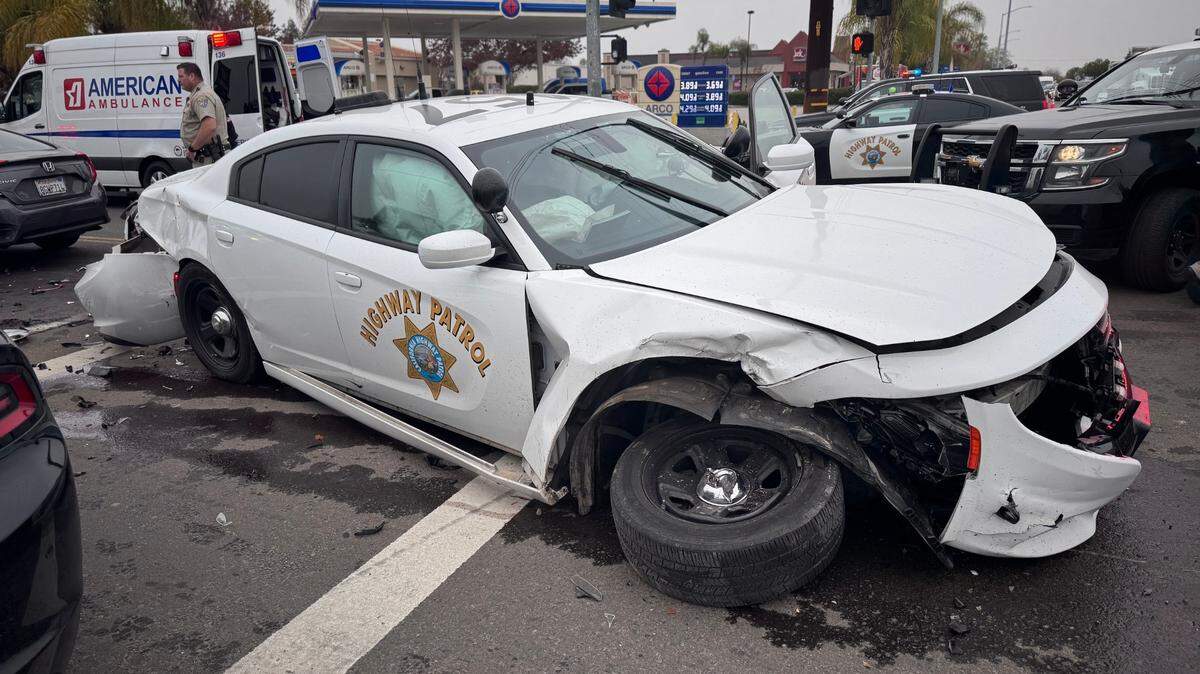 A California Highway Patrol officer was injured in a three-vehicle crash in Fresno, California on Wednesday, Dec. 18, 2024.