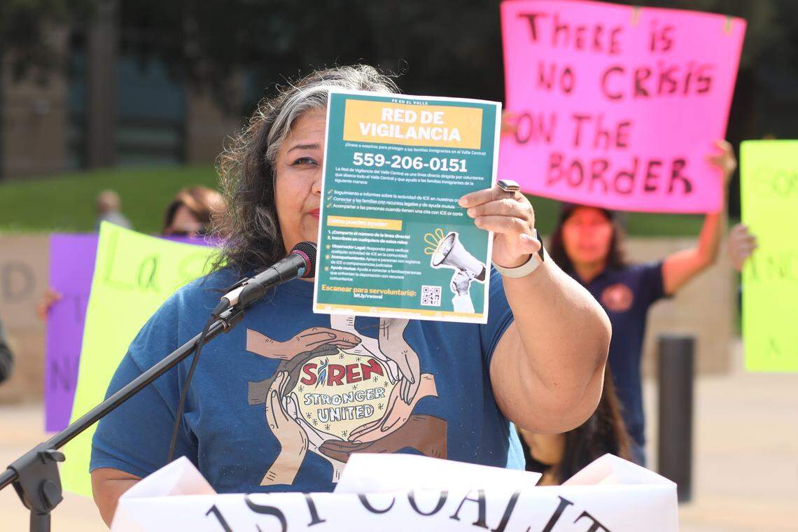 The May 1st Coalition, a broad coalition of community-based organizations and residents, urges the immigrant community to protect themselves against immigration crackdown during a press conference outside of the Robert E. Coyle United States Courthouse, in downtown Fresno on Oct. 1, 2025.