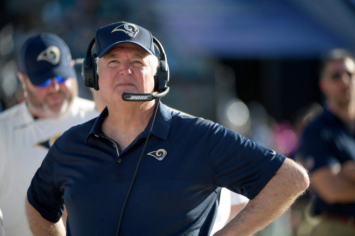 Former Los Angeles Rams defensive coordinator Wade Phillips watches from the sideline during the first half of an NFL football game against the Jacksonville Jaguars Sunday, Oct. 15, 2017, in Jacksonville, Fla.