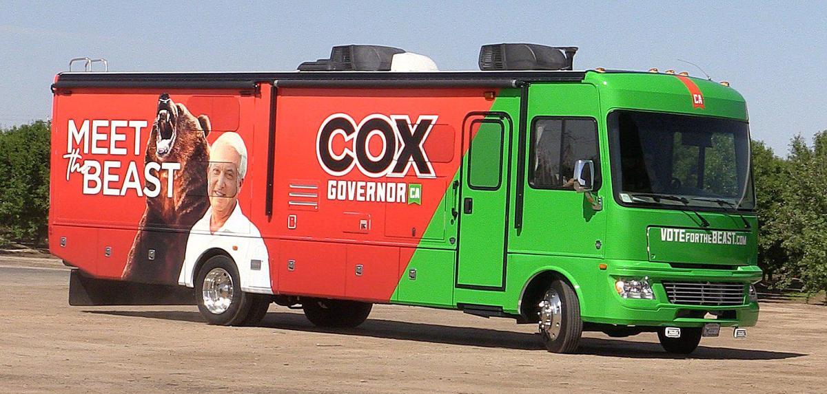 California GOP governor recall candidate John Cox arrives on his “Meet the Beast Bus Tour” at an almond tree farm southwest of Fresno for his press conference, Thursday, May 6, 2021.