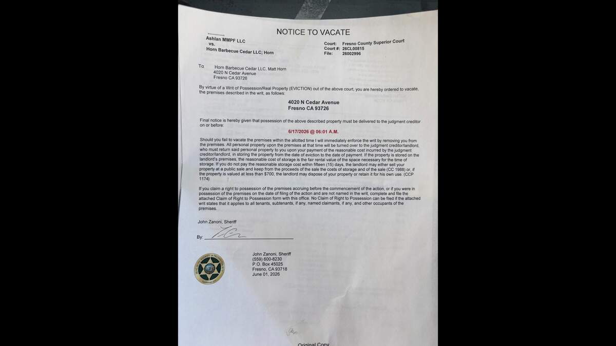 The landlord has posted a notice to vacate by 6:01 a.m. June 17 is posted on the door of Horn Barbecue in Fresno. It’s a pre-cursor to a formal eviction notice.