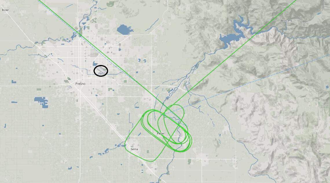 A screenshot from FlightAware.com shows the loops that United Airlines Flight 5439 from Denver made over the Parlier area southeast of Fresno Yosemite International Airport on Monday morning, Nov. 22, while waiting for a break in dense fog at the airport. The aircraft, a 50-seat regional jet, was eventually diverted to San Francisco International Airport.