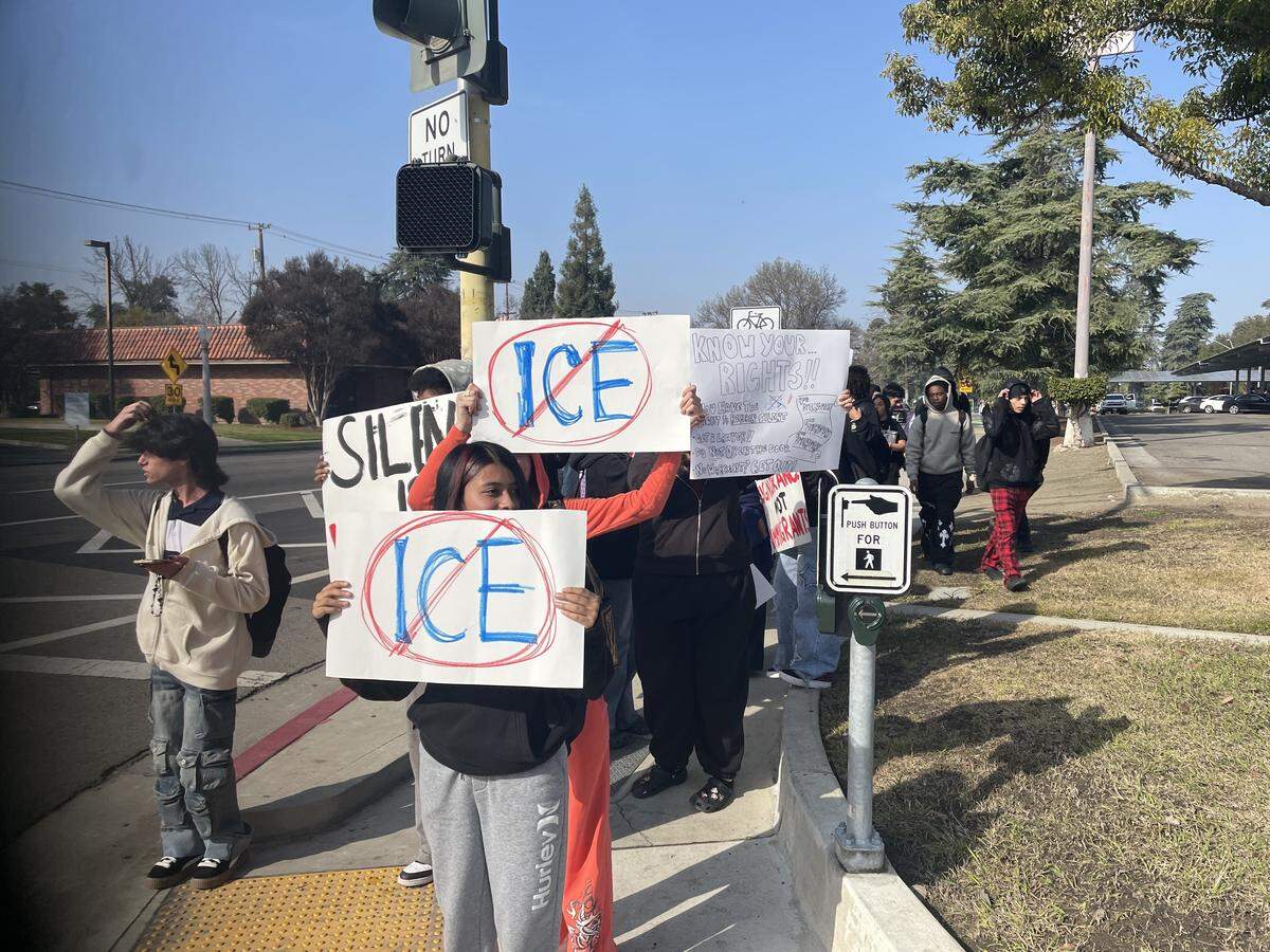 Student protesters were on McKinley Avenue and Van Ness Avenue, outside Fresno City College.