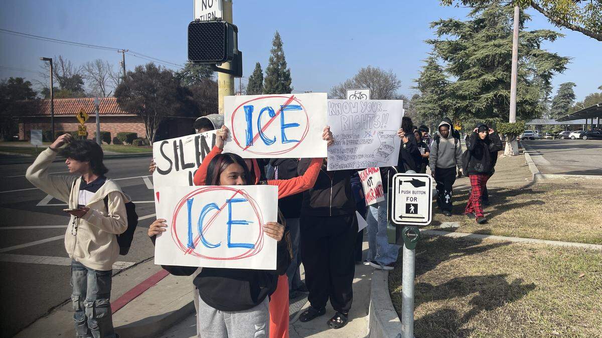 Student protesters were on McKinley Avenue and Van Ness Avenue, outside Fresno City College.