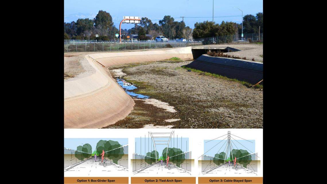 The Enterprise Canal is seen winding its way towards SR 168 Thursday, Jan. 26, 2023 in Clovis. The City of Clovis is planning a bridge crossing over Highway 168 near Clovis Community Medical Center linking the Enterprise Canal Trail on both sides for cyclists and pedestrians. Still in the planning stages, three designs were shown at a public workshop on January 25, shown at the bottom.