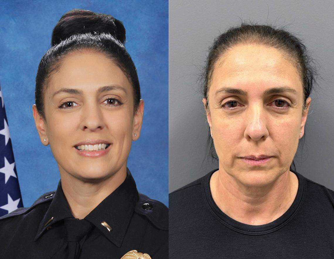 Visalia Police Captain Luma Fahoum as depicted on the department’s website, left, and in her booking photo following her recent arrest for allegedly embezzling nearly $50,000 from the police explorers program.