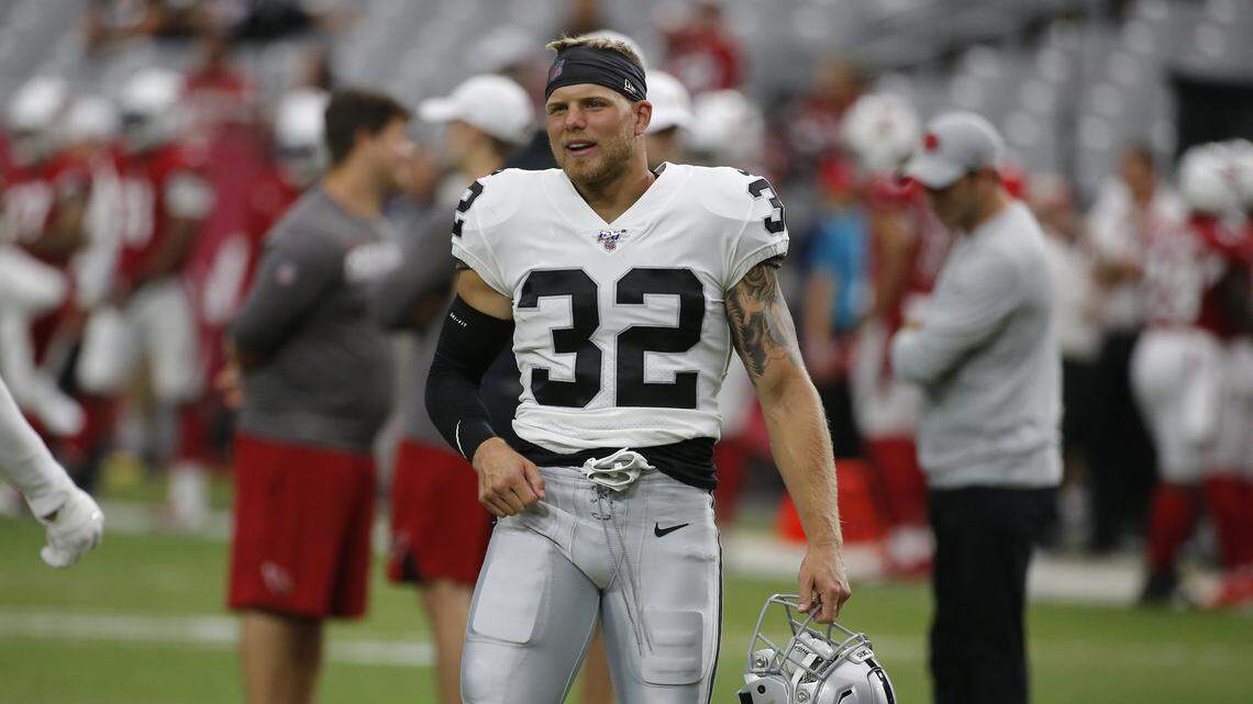 Oakland Raiders defensive back Dallin Leavitt (32) during an an NFL preseason football game against the Arizona Cardinals, Thursday, Aug. 15, 2019, in Glendale, Ariz. Derek Carr compared Leavitt to Eric Weddle of the Los Angeles Rams.