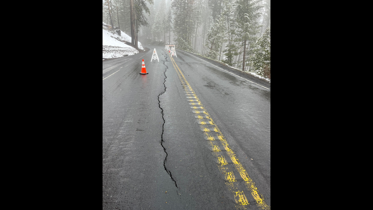 This crack pictured in early May on Big Oak Flat Road (continuation of Highway 120 west into Yosemite) to Yosemite Park has been repaired.