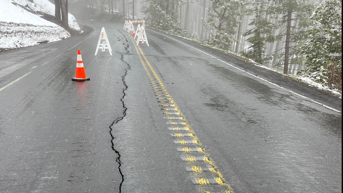This crack pictured in early May on Big Oak Flat Road (continuation of Highway 120 west into Yosemite) to Yosemite Park has been repaired.