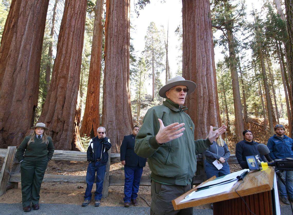 Clayton Jordan, superintendent of Sequoia and Kings Canyon National Parks, talks to the media about the devastation of the KNP Complex fires during a news conference at the General Grant parking lot in Kings Canyon National Park, Calif., on Friday, Nov. 19, 2021.