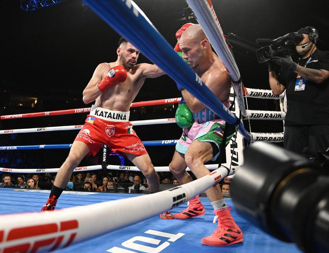 Jose Ramirez, left, keeps opponent Jose Pedraza against the ropes during their junior welterweight fight at the Save Mart Center on Friday, March 4, 2022.