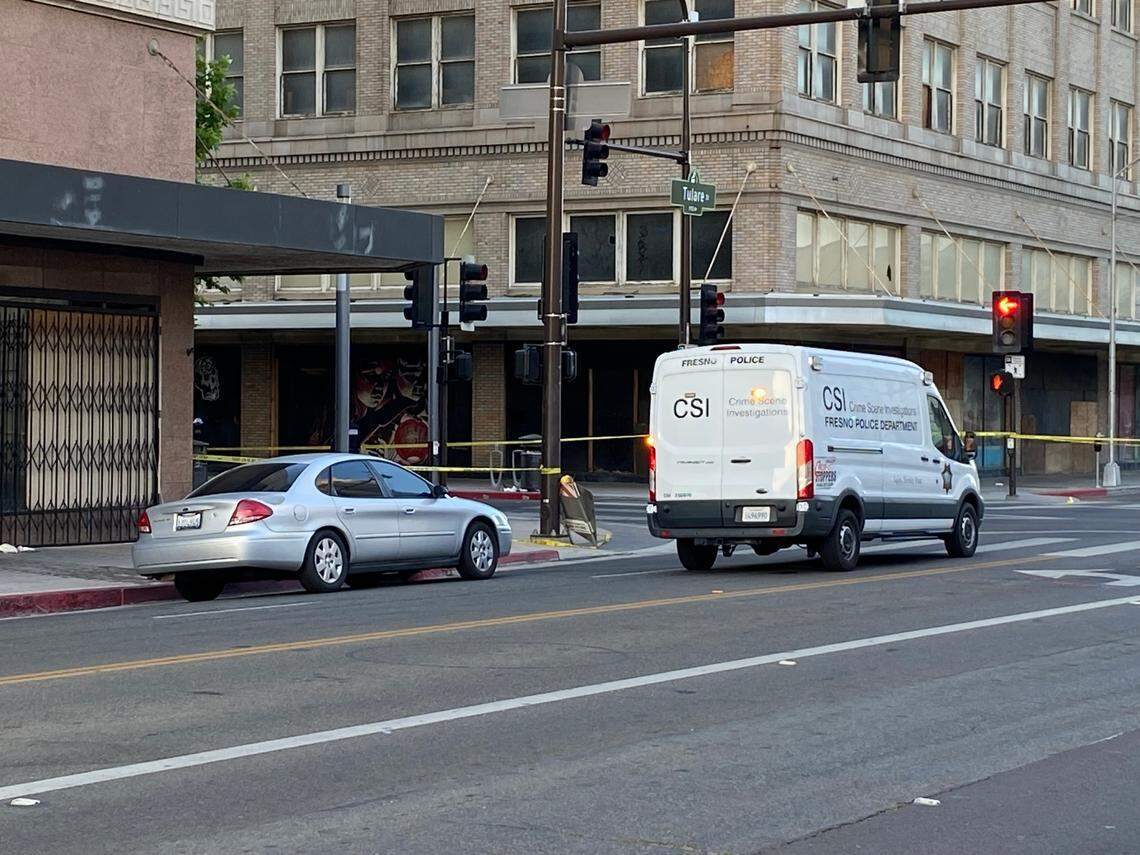 Investigators closed down Fulton Street between Kern and Fresno streets in Fresno on Friday, June 2, 2023, after a fatal stabbing, police said.