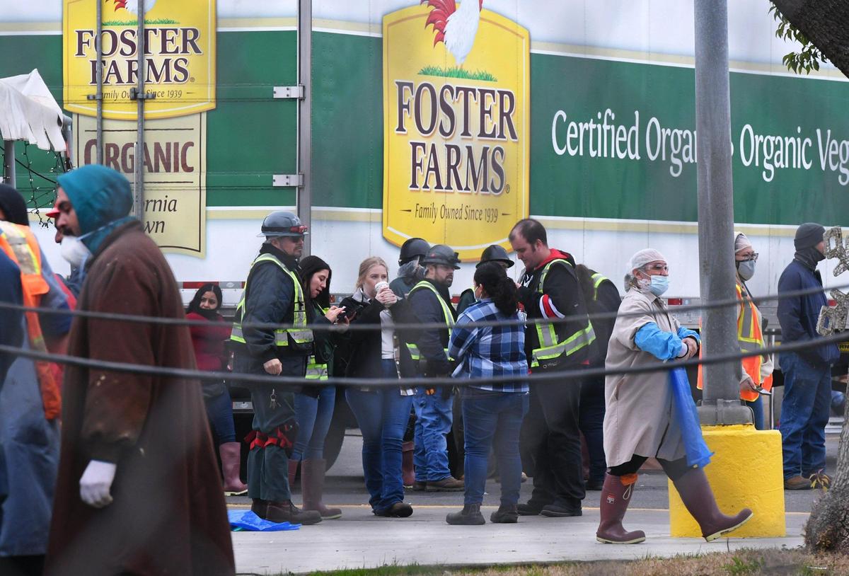 Workers at the Foster Farms facility in southeast Fresno wait outside in the cold as a Fresno Fire HAZMAT team responds to a carbon dioxide leak Friday, Dec. 23, 2022 in Fresno.