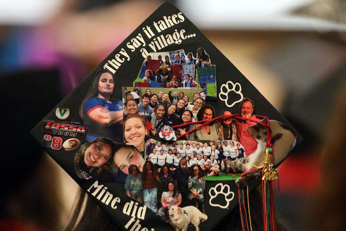 A graduate has a message on his mortar board at the Fresno State Rainbow Graduation Celebration at the Peters Education Center. on May 17, 2025.