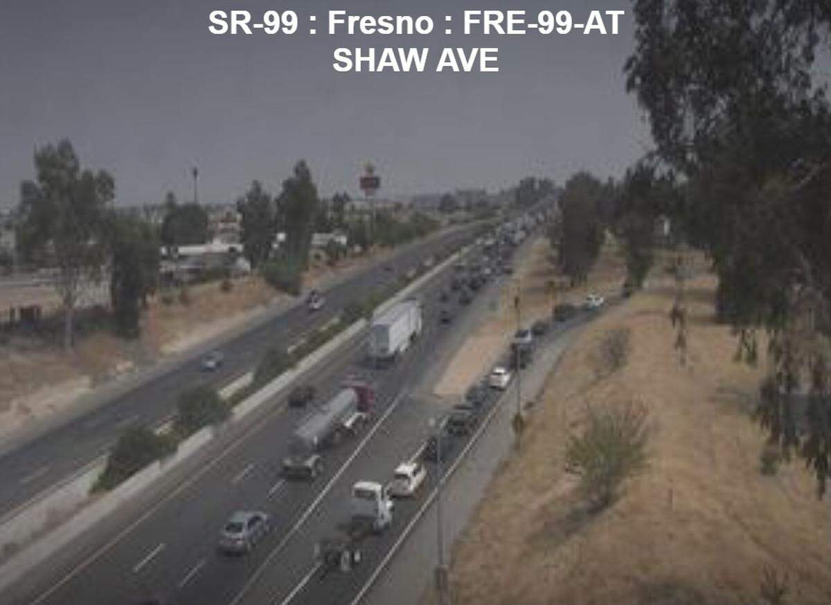 Traffic at Highway 99, near Shaw Avenue is moving slowly after a fatal crash near Ashlan Avenue on Saturday, Aug. 14, 2021.