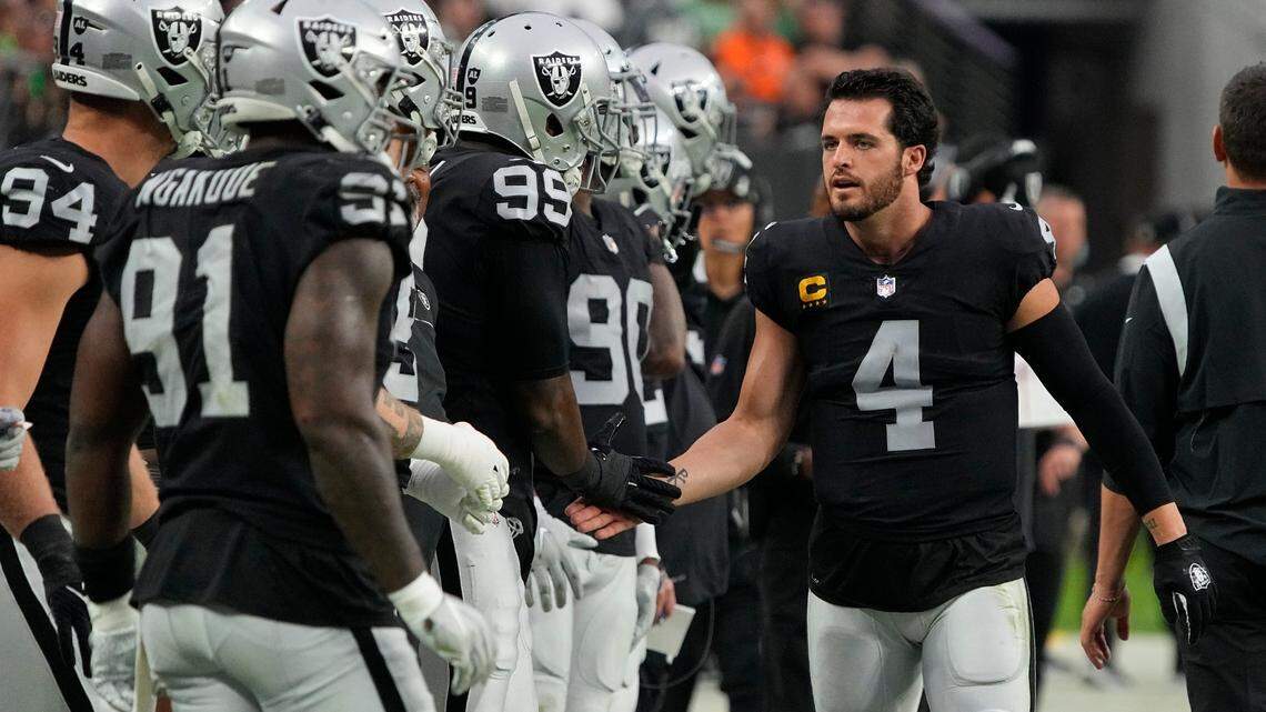 Las Vegas Raiders quarterback Derek Carr (4) during the second half of an NFL football game against the Philadelphia Eagles, Sunday, Oct. 24, 2021, in Las Vegas.