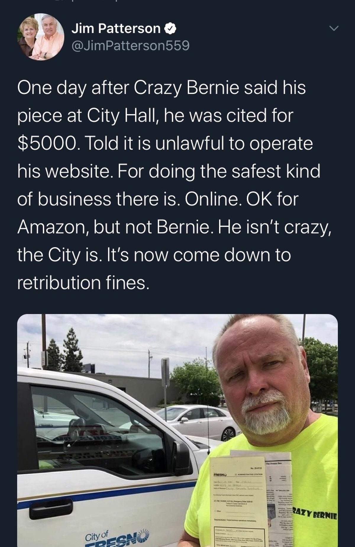 Former Fresno mayor Jim Patterson criticized the city for fining Bernie Siomiak, AKA “Crazy Bernie” for keeping his furniture store open. Siomiak was fined $5,000 on Wednesday after receiving his third citation from the city of Fresno for staying open. The city’s shelter-in-place orders designates furniture stores as “nonessential” and should be be closed during these times. This tweet by Patterson was deleted about two hours it was posted.