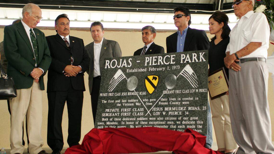 Public officials and relatives of Jesús Rojas Bermúdez and Loy Wendell attended a rededication ceremony of Rojas-Pierce Park in Mendota in 2008.
