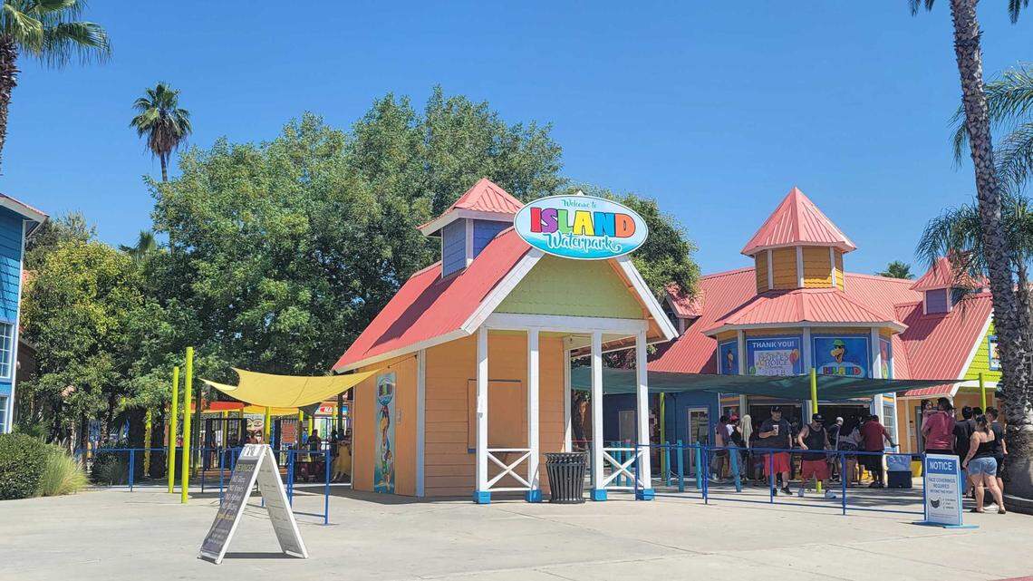Island Waterpark in Fresno, California is seen Sunday, June 20, 2021, hours after a man was reported to have drowned there. The park remained open for the Father’s Day weekend crowd.