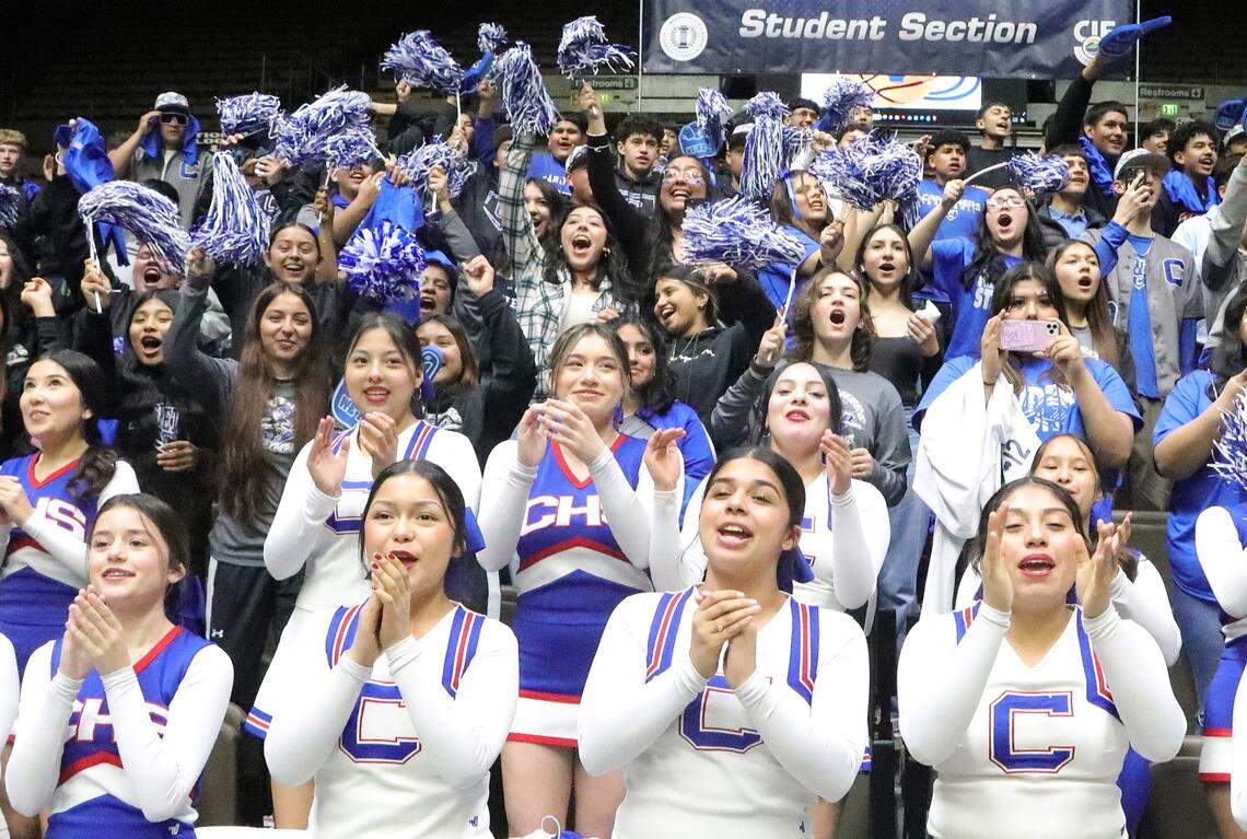 The Caruthers High boys basketball team had plenty of support at Selland Arena as it captured the CIF Central Section Division VI championship with a 37-28 win over Strathmore High on Feb. 23, 2024.