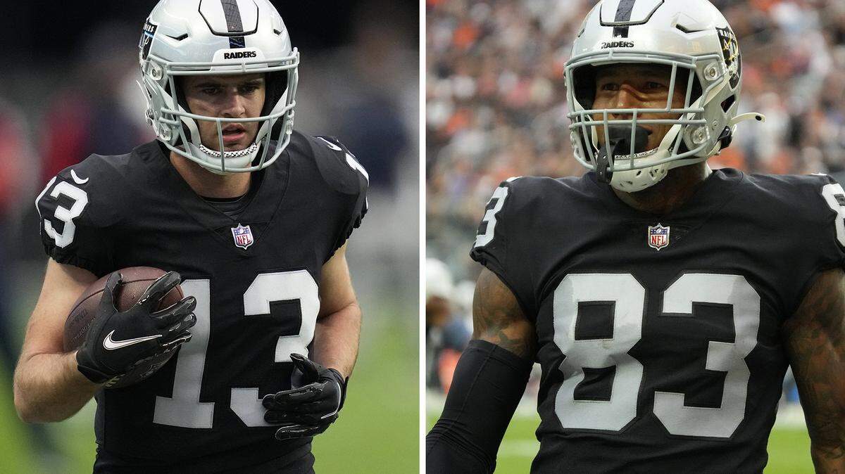 This combination image shows Las Vegas Raiders players Hunter Renfrow and Darren Waller.