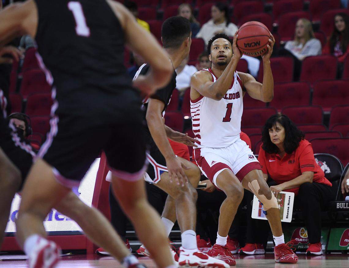 Fresno State senior guard forward Jemarl Baker, right, in the exhibition game against Stanislaus State Wednesday, Nov. 3, 2021 in Fresno. Fresno State won 86-48.