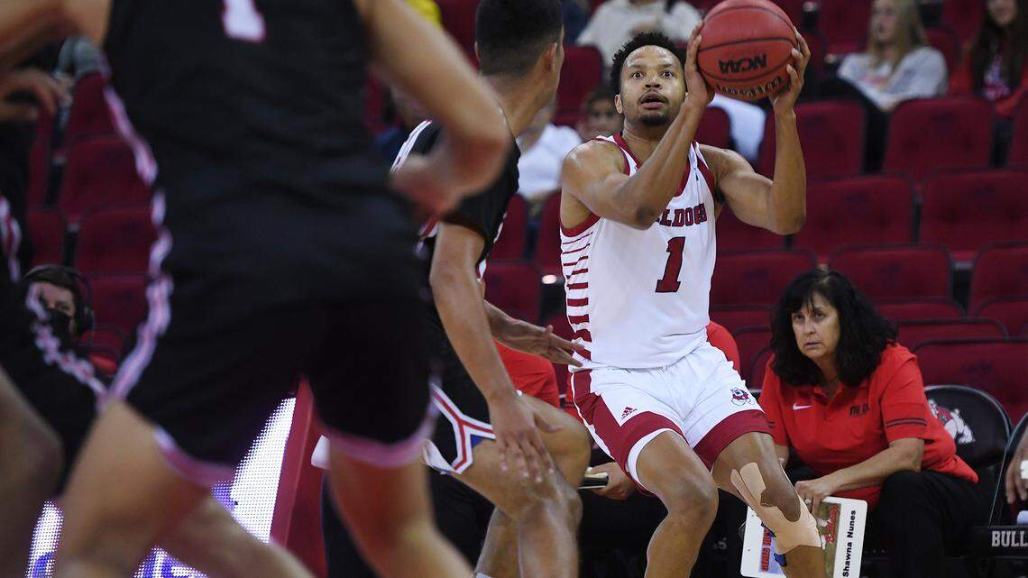 Fresno State guard Jemarl Baker, seen in a file photo, scored 12 points with two rebounds, two assists and two steals in the Bulldogs’ 83-48 victory over Cal Poly Friday at the Save Mart Center.