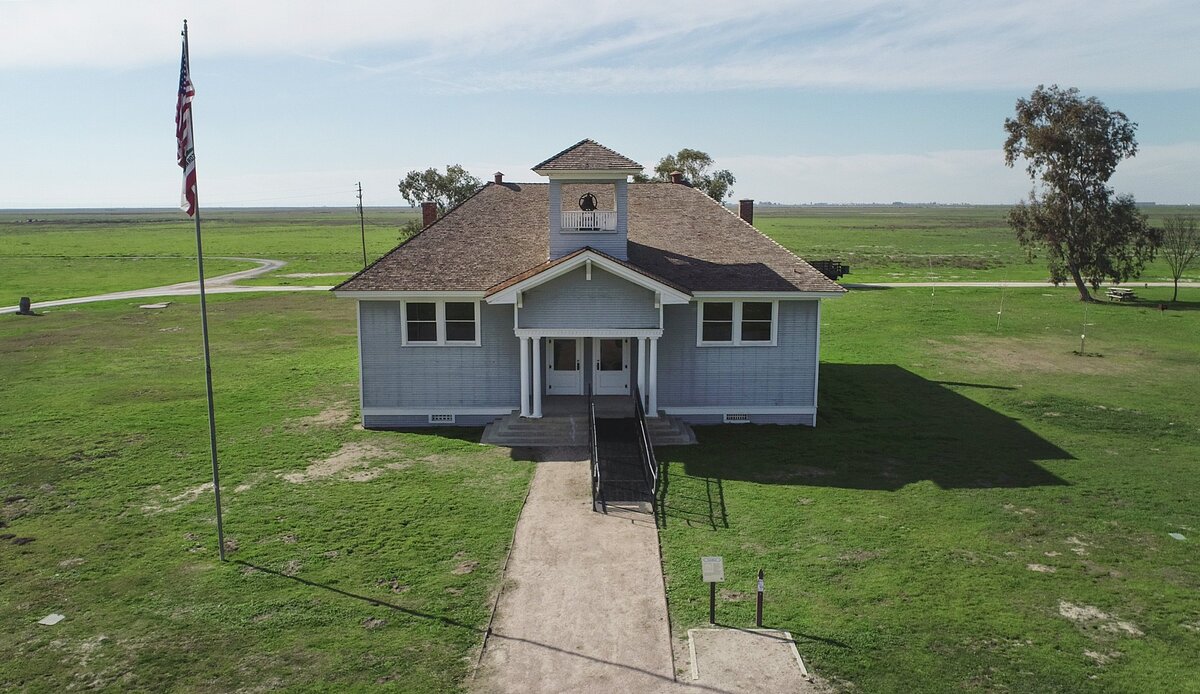 A drone image shows the original Allensworth schoolhouse built in 1912 at Colonel Allensworth State Historic Park near Earlimart on Thursday, Feb. 7, 2019.