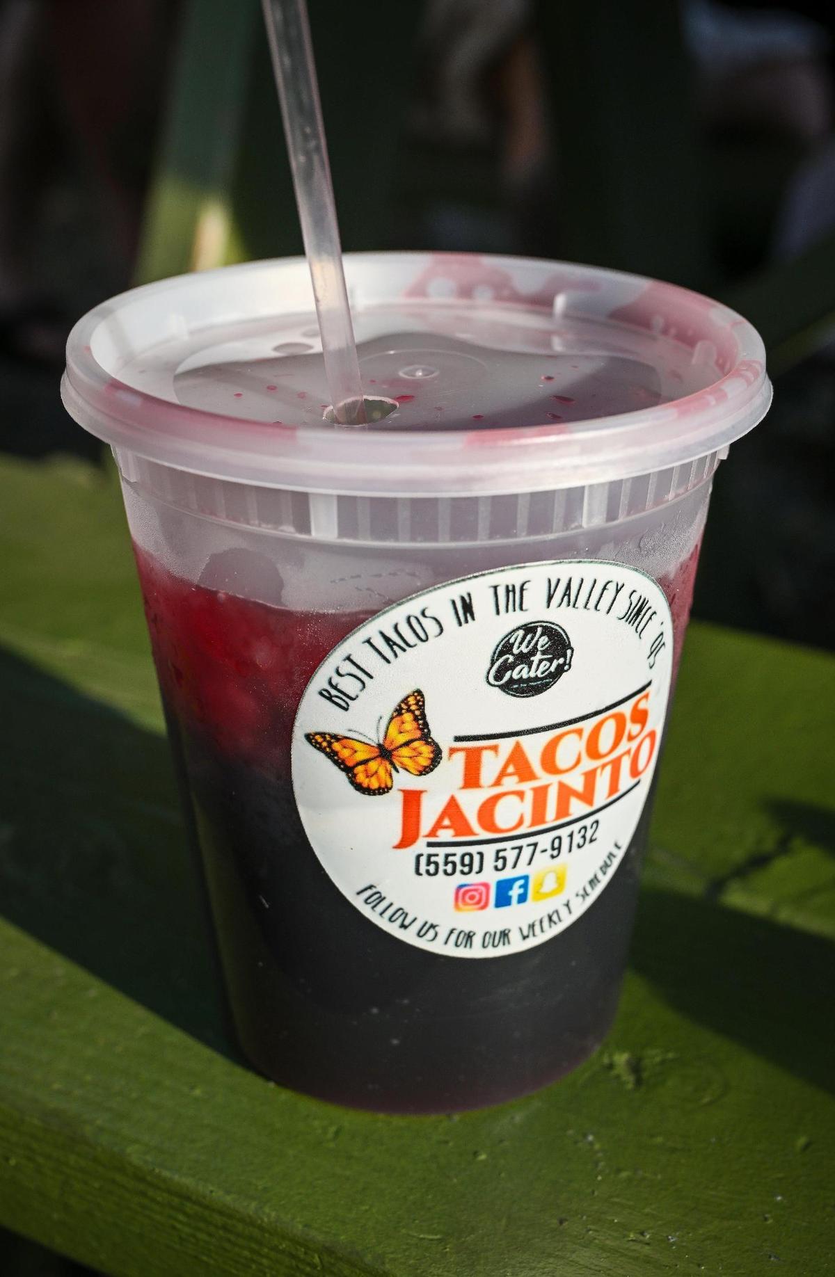 A large Jamaica drink from the Tacos Jacinto food truck served at Gazebo Gardens nursery during their beer garden event on Thursday, May 15, 2025.