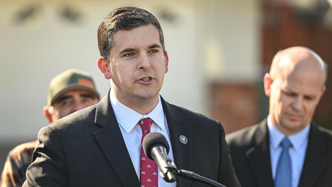 Fresno City Council President Tyler Maxwell speaks during a press conference to celebrate the repaving and reconstruction of streets in a central Fresno neighborhood that had not been repaved in over 50 years, on Tuesday, Feb. 7, 2023.
