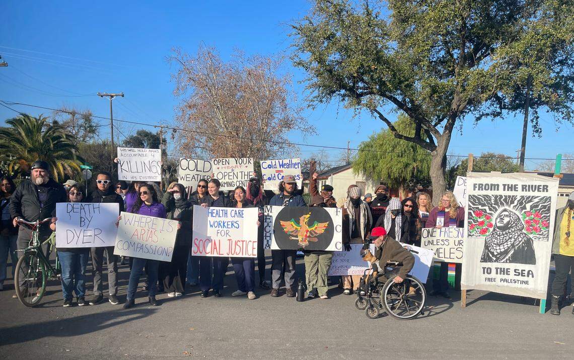 Homeless advocates gather at the Ted C. Wills Community Center in Fresno to call for expanded operations of the city’s warming centers on Monday, Jan. 27, 2025.