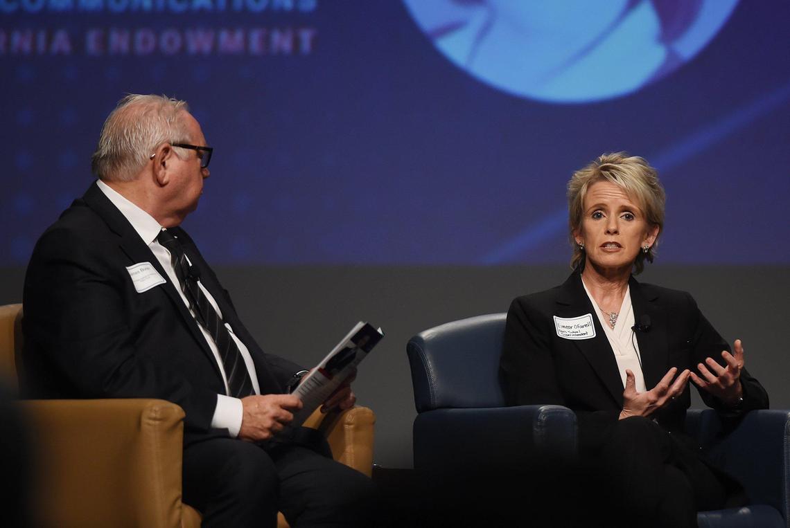 Clovis Unified Superintendent Dr. Eimear O’Farrell. right, answers a question from moderator Jim Boren, left, during The Fresno Bee’s California Priorities: Focus on Education summit held at Fresno State’s Satellite Student Union Wednesday, Sept, 2019 in Fresno.