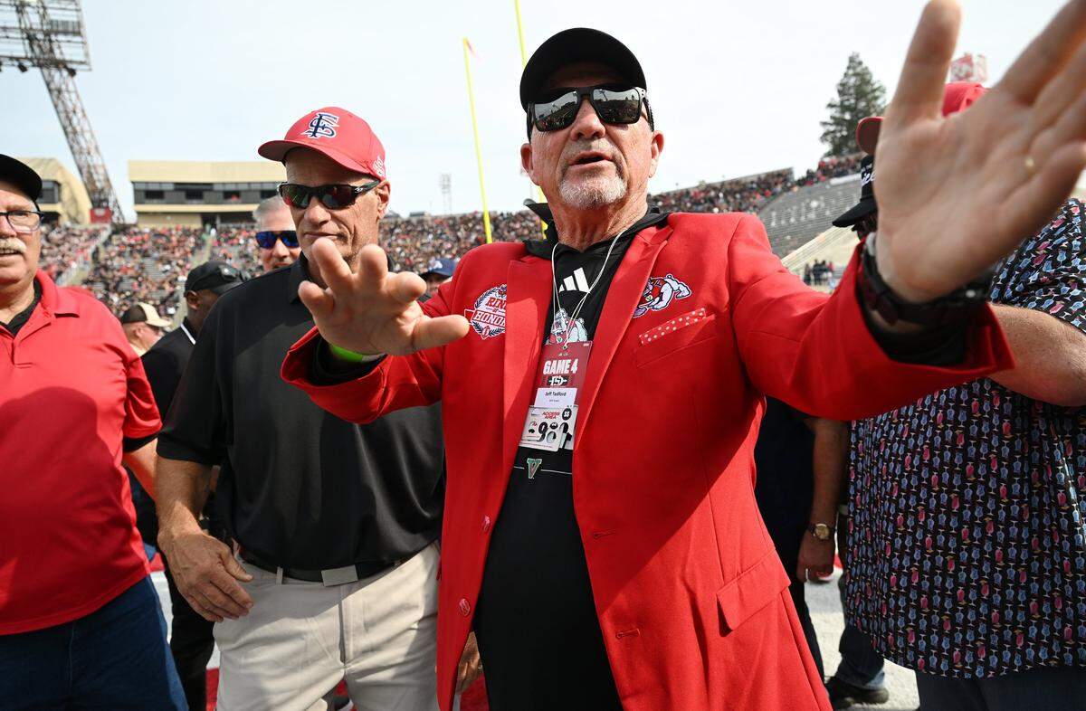 Former Fresno State head football coach directs media after he was honored at halftime in the game against San Diego State Saturday, Oct. 24, 2025 in Fresno. 