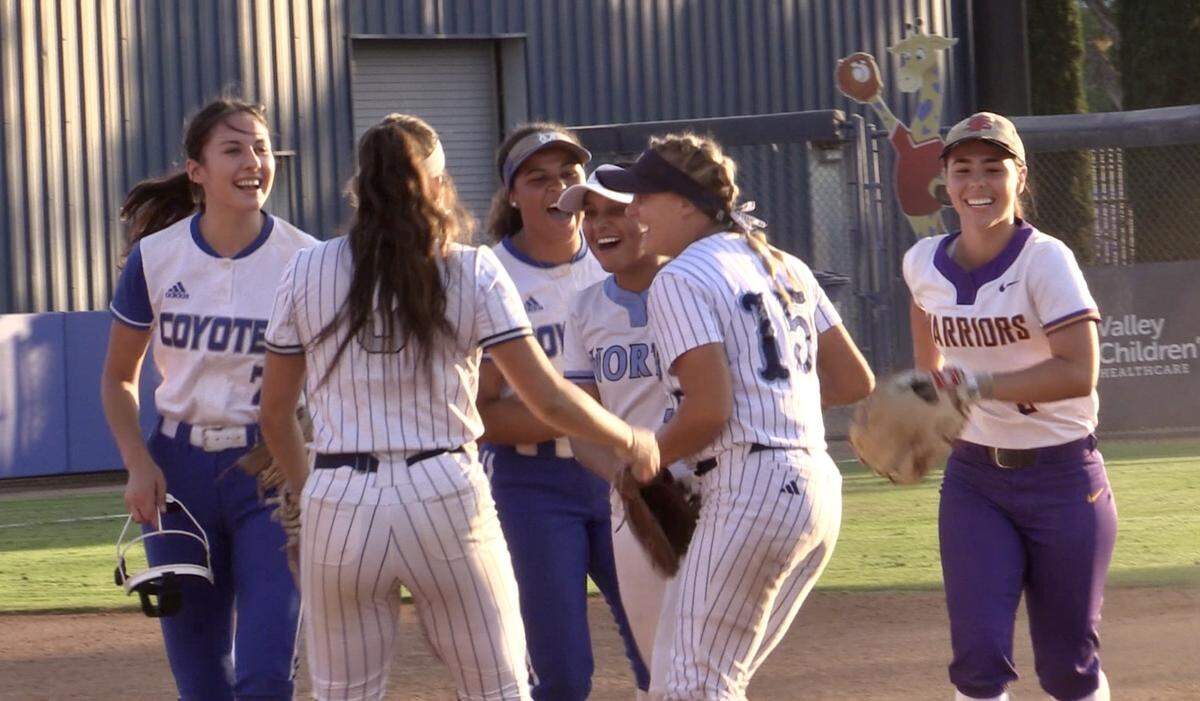 The City celebrates a double play by Naleya Bridges of Clovis North during the City/County All-Star high school softball game on Wednesday, June 21, 2023.