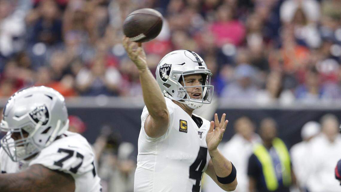 Oakland Raiders quarterback Derek Carr (4) during the first half of an NFL football game against the Houston Texans Sunday, Oct. 27, 2019, in Houston.