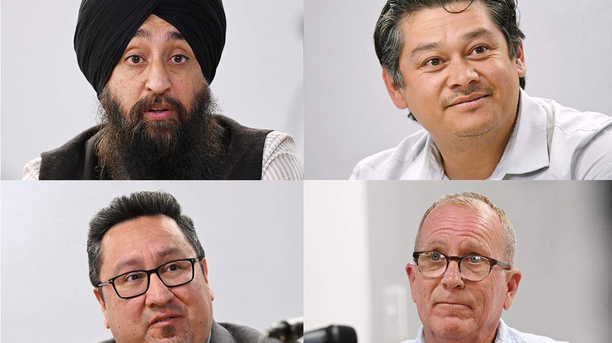 Fresno City Council District 1 candidates clockwise from top left, Deep Singh, Joe Hinoijosa, Monte Forkas and Rob Fuentes. Photographed Friday, April 17, 2026 in Fresno