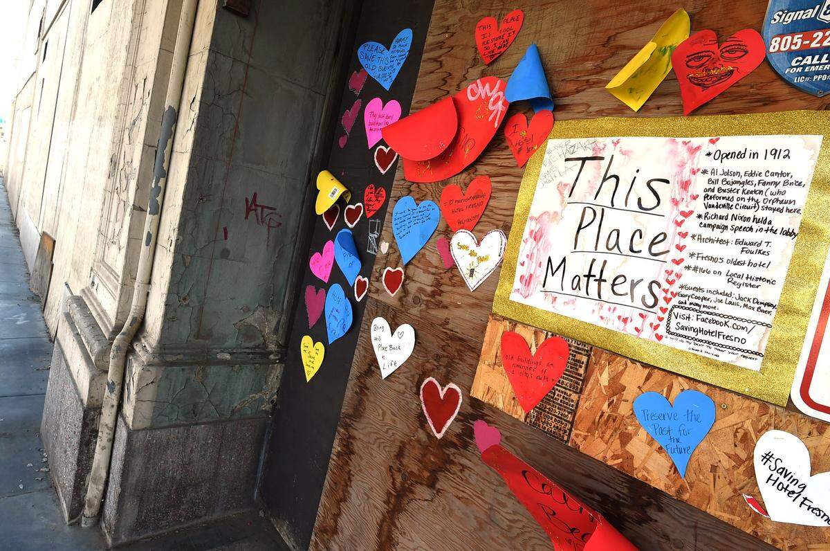 The old Hotel Fresno was "heart-bombed" around this last Valentine's Day, by about 30 downtown Fresno history fans, with messages of love and hopes for preservation.
