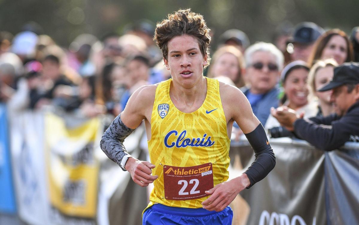 Clovis’ Christopher Caudillo finished first in the Central Section boys Division 1 cross country race at Woodward Park in Fresno on Thursday, Nov. 17, 2022.