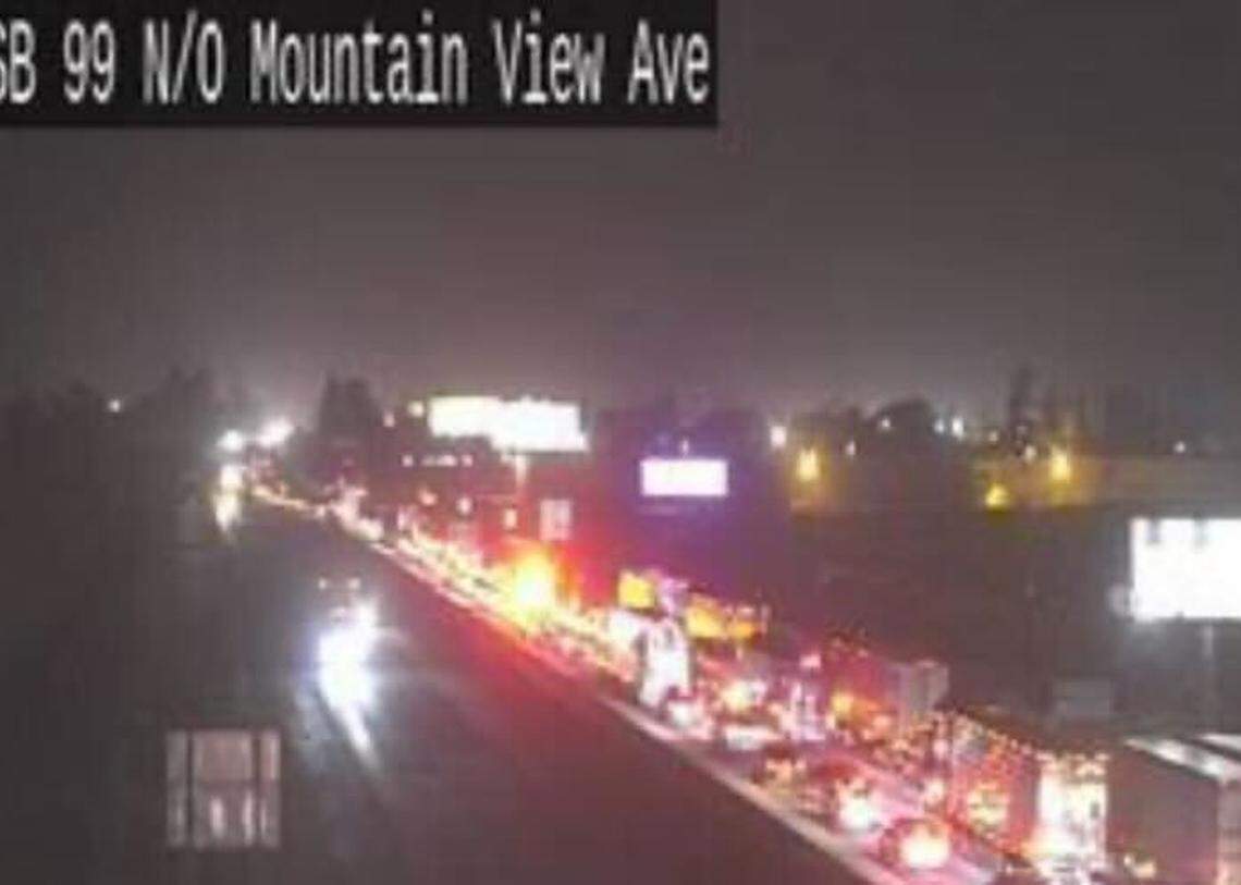 Traffic was backed up Monday, Oct. 16, 2023, in Selma after a fatal collision on Highway 99 south of Second Street, according to the California Highway Patrol.