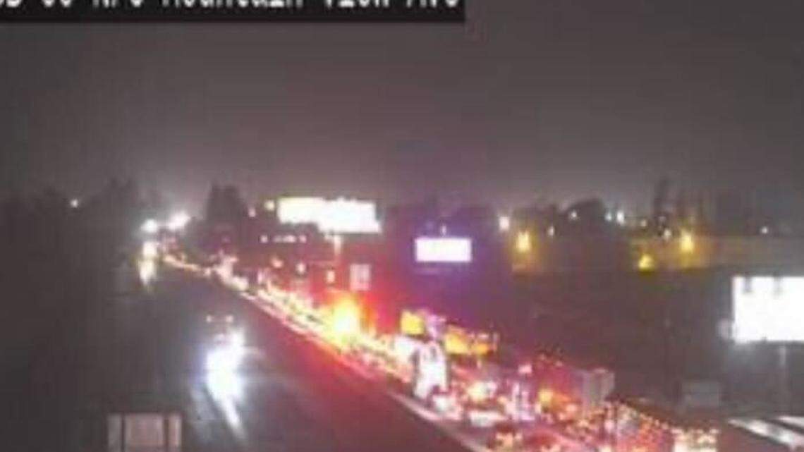 Traffic was backed up Monday, Oct. 16, 2023, in Selma after a fatal collision on Highway 99 south of Second Street, according to the California Highway Patrol.