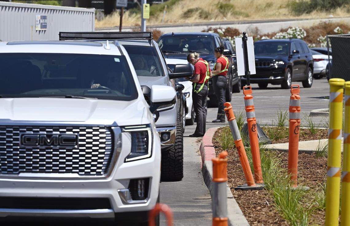 Customers are still being routed around Westwoods BBQ & Spice Co. for Chick-fil-A on north Blackstone Avenue at Nees Avenue. Photographed Tuesday, July 29, 2025 in Fresno.