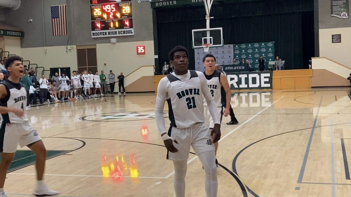 Hoover’s Pamir Olivier reacts after he made an off-balance shot against Roosevelt in a Central Section Division II playoff game on Thursday, Feb. 15, 2024. He converted a 3-point play.