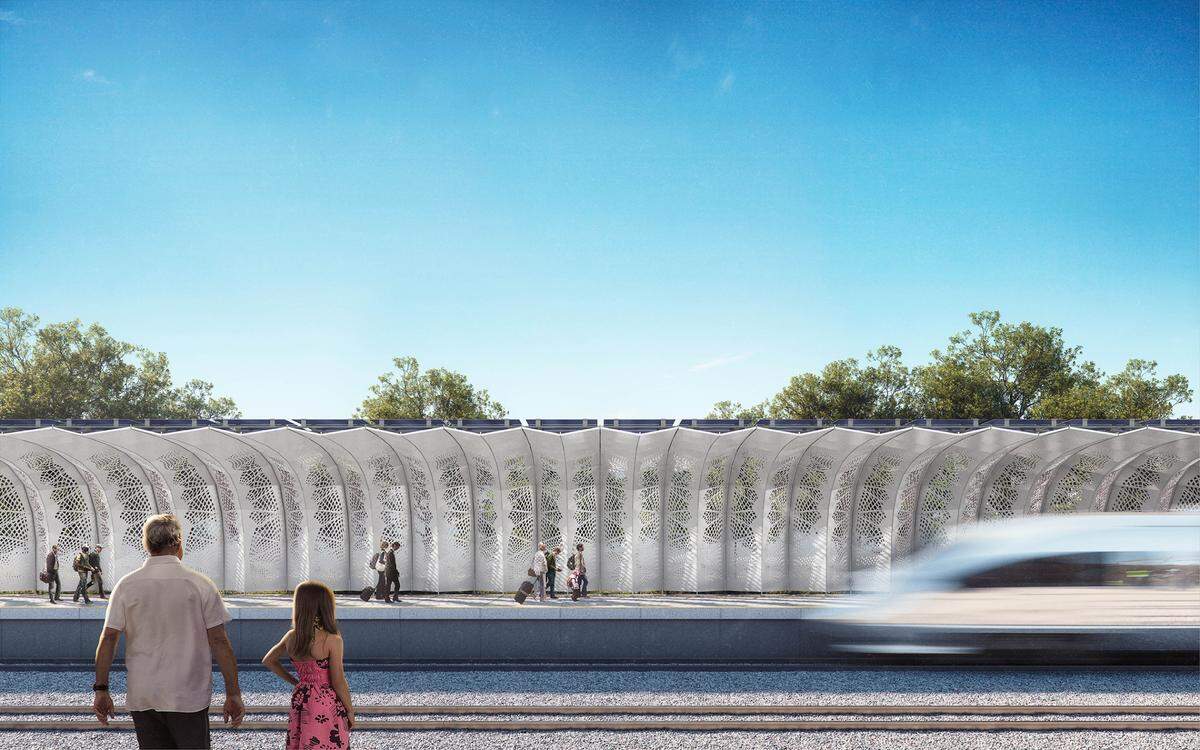 Una representación artística de los andenes de embarque al aire libre de una futura estación del tren de alta velocidad en el Valle Central de California.