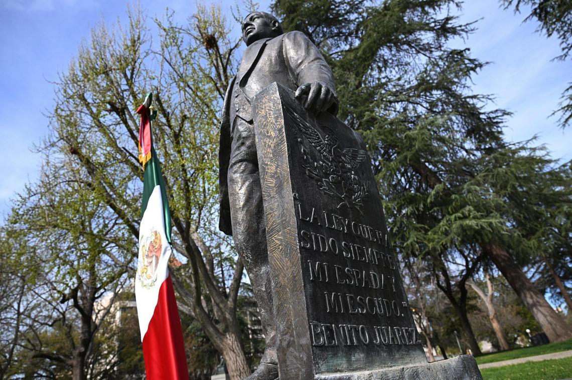 A statue of Benito Juarez erected in 2003 stands in Courthouse Park in downtown Fresno. Photographed, Friday, March 21, 2025.