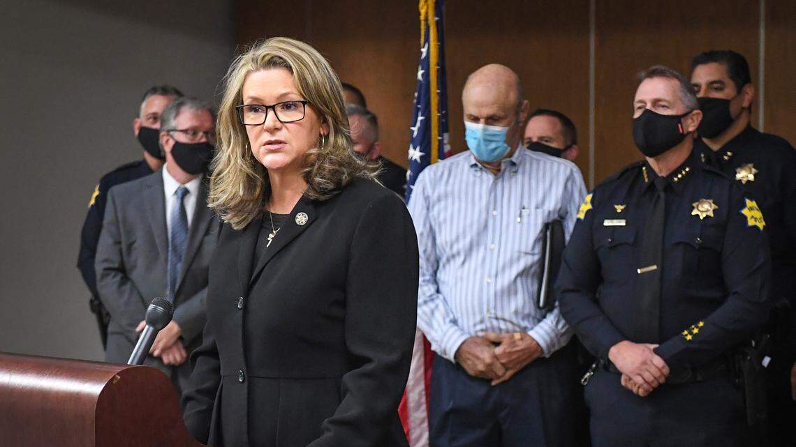 Fresno County District Attorney Lisa Smittcamp, joined by various local law enforcement agencies, addresses the media on the recent surge in violent crime, in downtown Fresno on Wednesday, Oct. 21, 2020.
