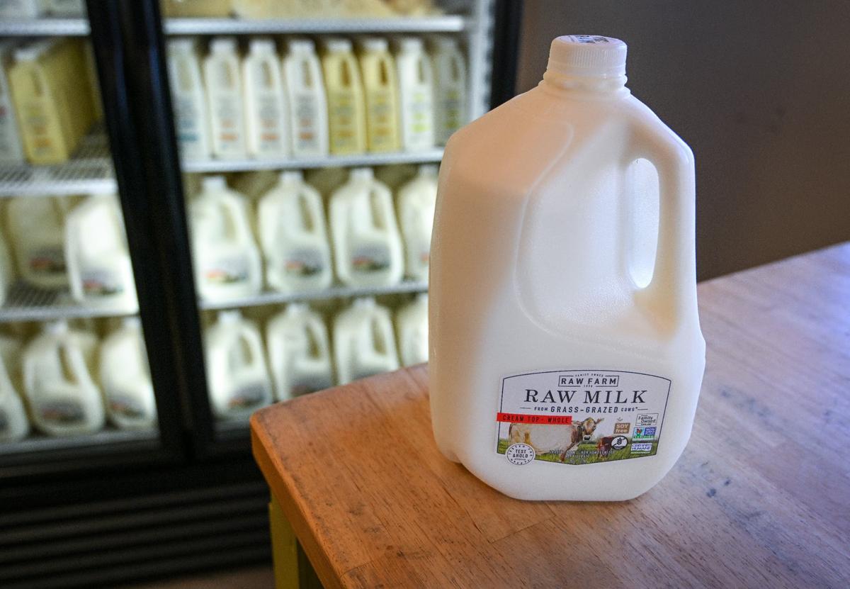 A gallon of raw milk is set out at the Raw Farm USA dairy store in Fresno County on Friday, June 14, 2024.