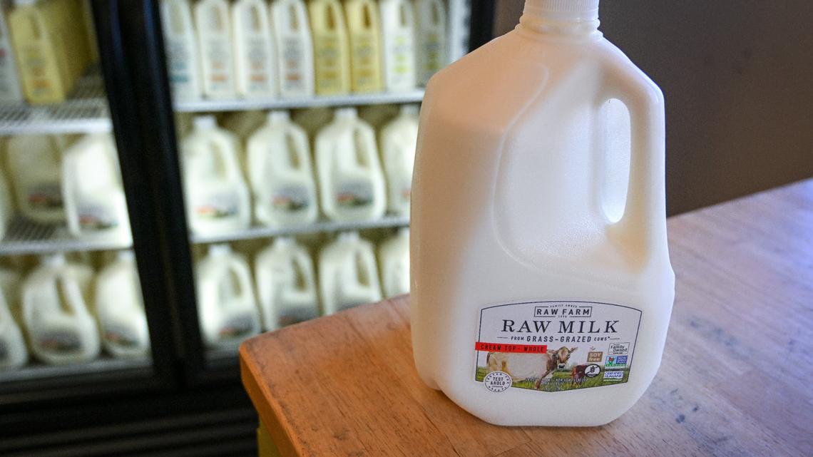 A gallon of raw milk is set out at the Raw Farm USA dairy store in Fresno County on Friday, June 14, 2024.