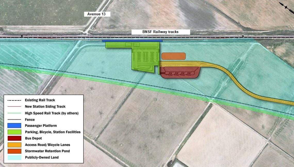 Preliminary plans for relocating Madera’s Amtrak station near Avenue 13 along the BNSF Railway tracks include a boarding platform, parking, a building for restrooms and station maintenance, and a bus depot.