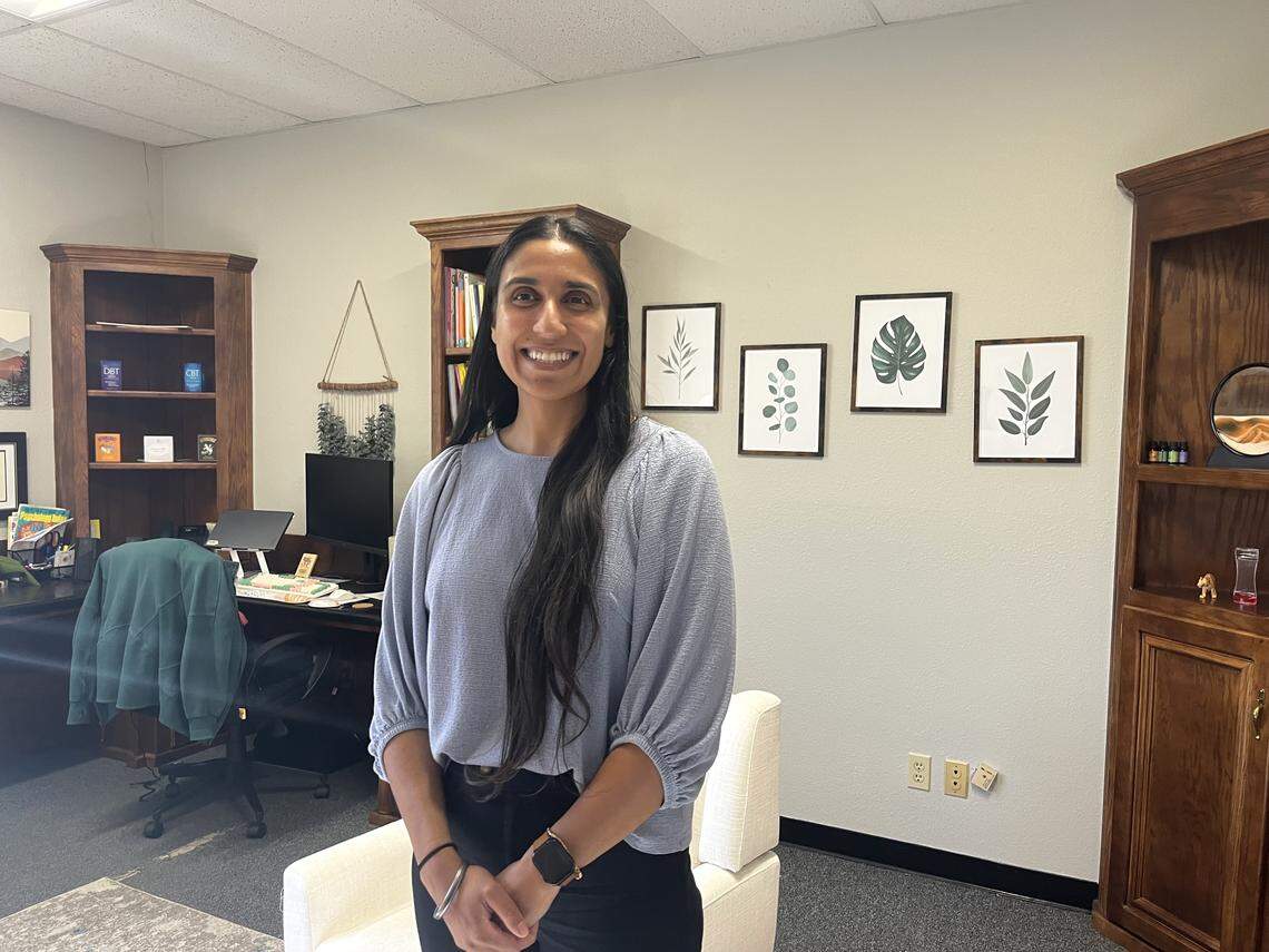 Gulveen Kaur, the Khalsa Community Centers’ mental health therapist, in her office. The center provides free services for the Punjabi Sikh community in Fresno.